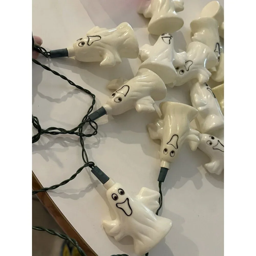 Vintage Halloween Blow Mold Hard Plastic 15 String Lights Ghost Works Two Side